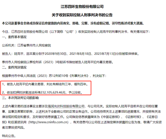 四環(huán)生物實(shí)控人陸克平犯內(nèi)幕交易罪，被判處有期徒刑三年緩刑四年、沒收違法所得2.32億元