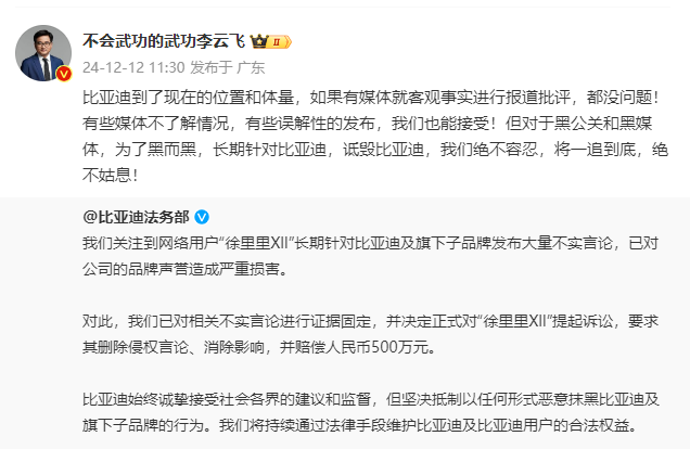 索賠500萬元！比亞迪法務部起訴博主“徐里里XlI”