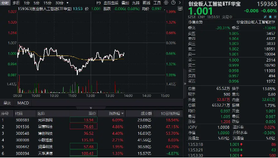 算力概念股反彈，光環(huán)新網(wǎng)漲超6%，創(chuàng)業(yè)板人工智能ETF華寶（159363）持續(xù)溢價(jià)，資金實(shí)時(shí)凈申購1700萬份！