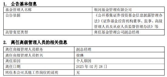 任職4年4月！銀河基金高管變更：副總經理徐琳離任