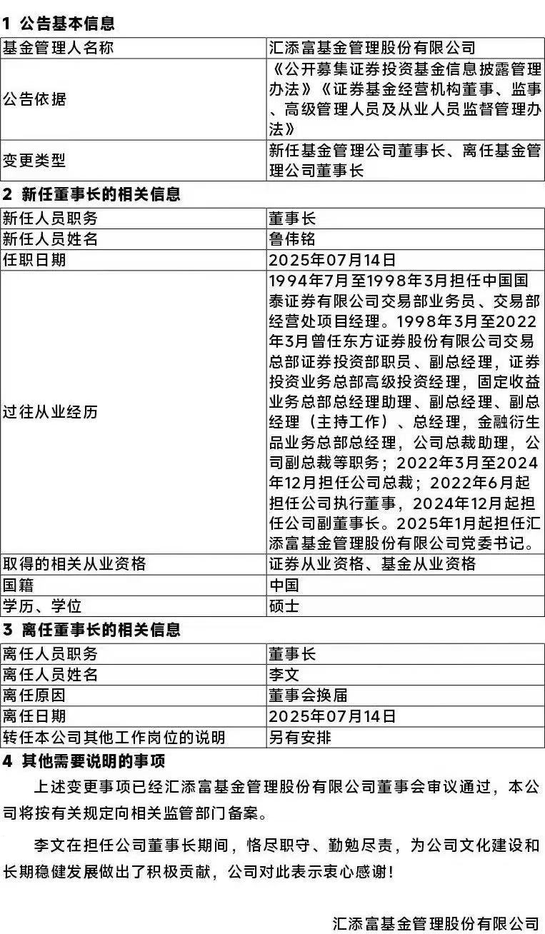 匯添富基金，董事長變更！